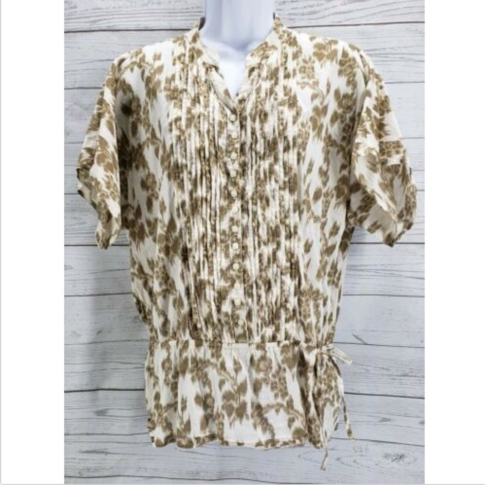 Izod Blouse Sz Small Brown White Floral Ruched